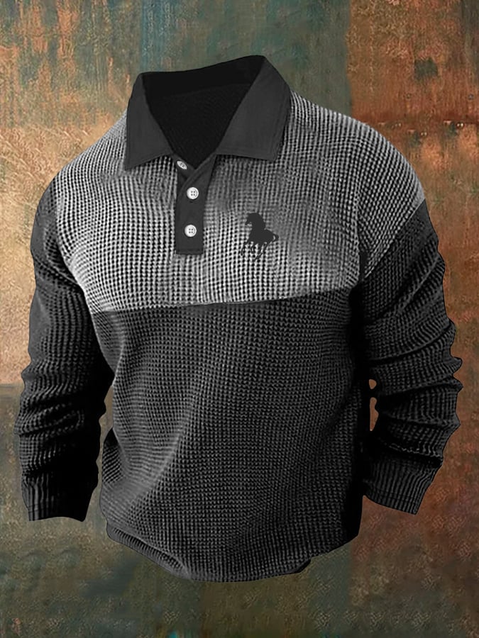 Camisa polo retro ejecutivo casual Waffle Fabric de manga larga para hombre