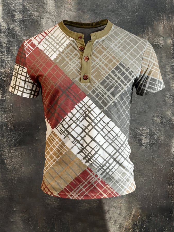Camiseta vintage-Style Color-Block de manga corta With Henley cuello para hombre
