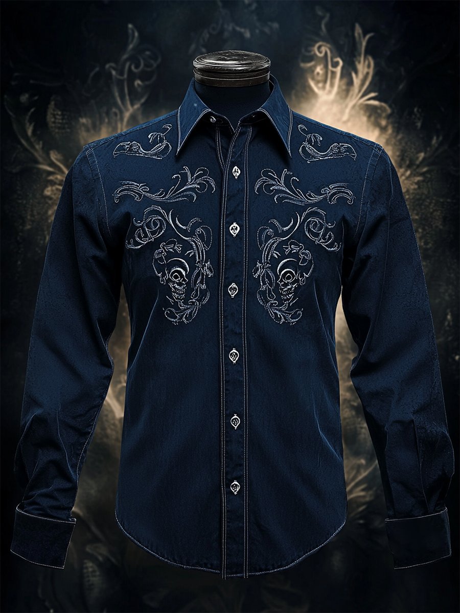 Camisa retro casual Skull estampado de manga larga para hombre