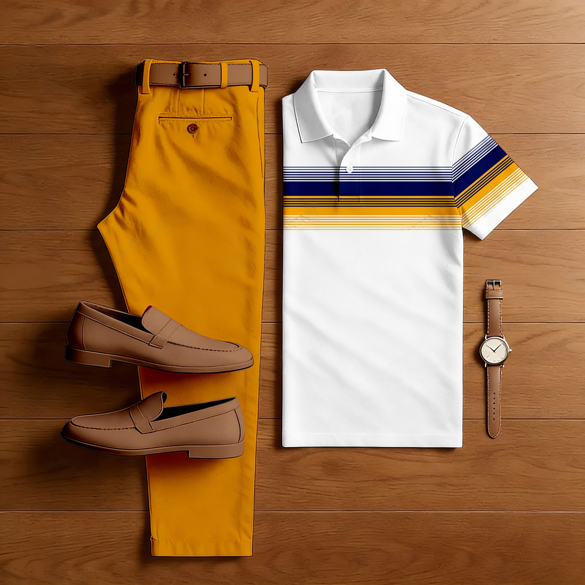 Conjunto de dos piezas casual White a rayas estampado de manga corta camisa And Trousers para hombre