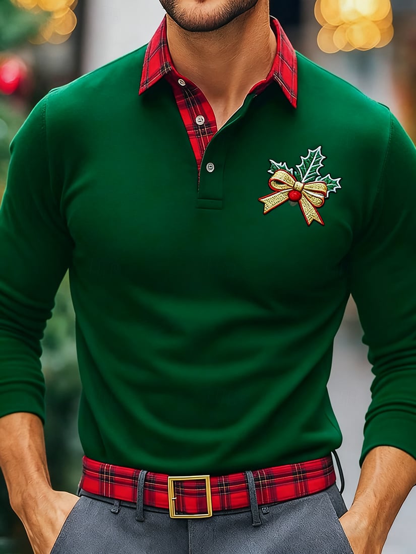 Camisa polo Christmas a cuadros de manga larga para hombre