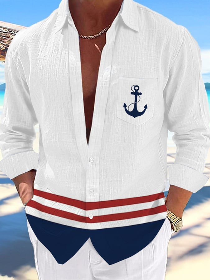Camisa casual Marine Style estampado Lapel para hombre