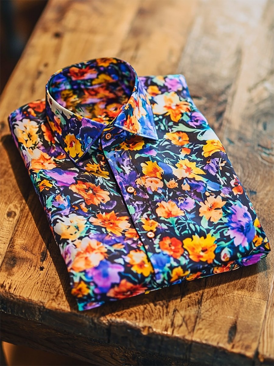 Camisa satén Luxe hawaiano estampado de manga corta Button para hombre