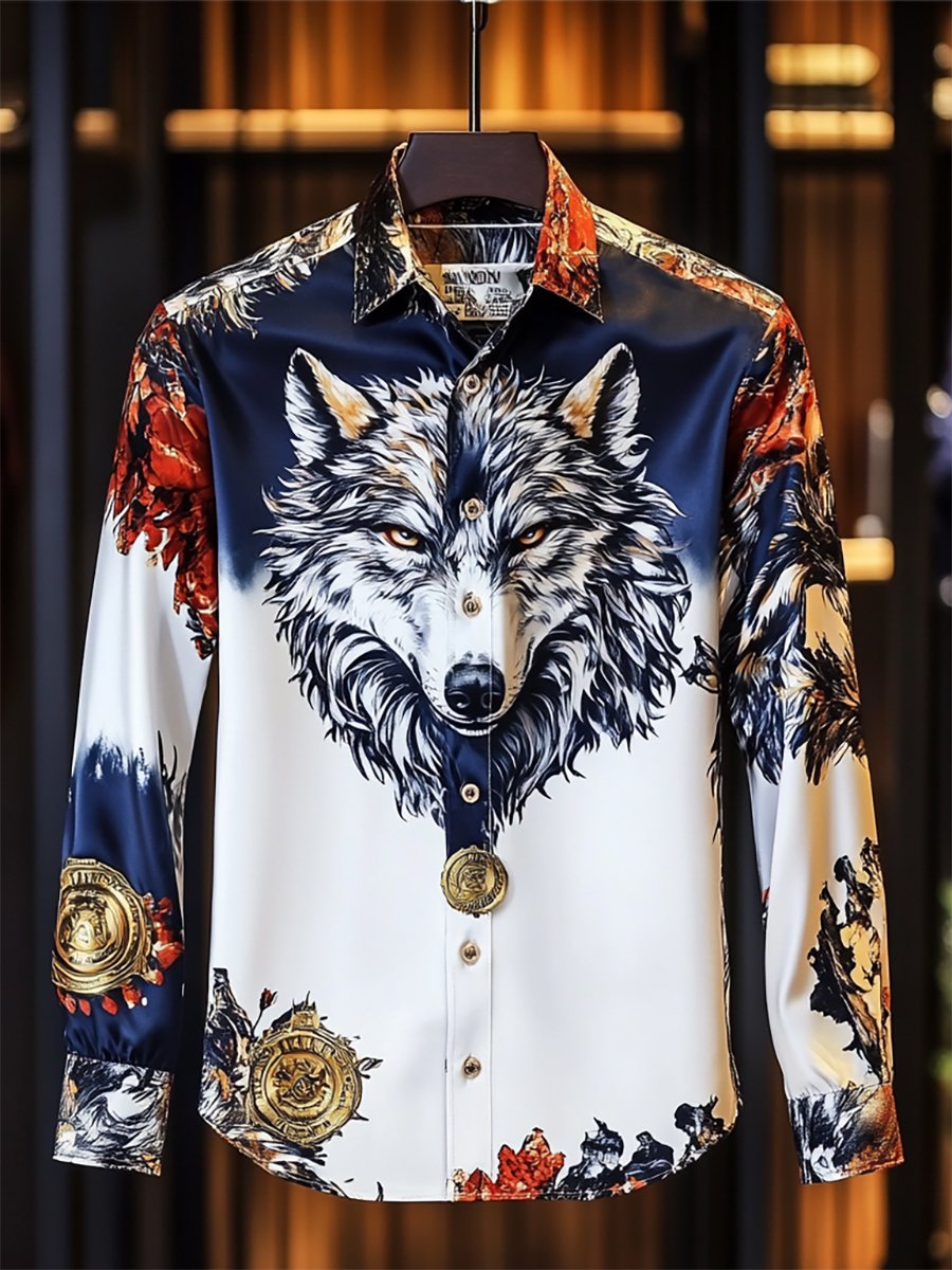 Camisa satén Luxe Wolf de manga larga con botones para hombre
