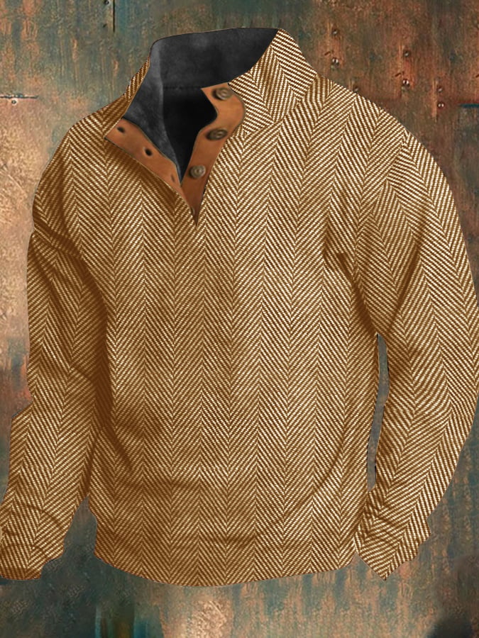 Sudadera Western vintage Herringbone estampado Design Stand cuello con botones para hombre