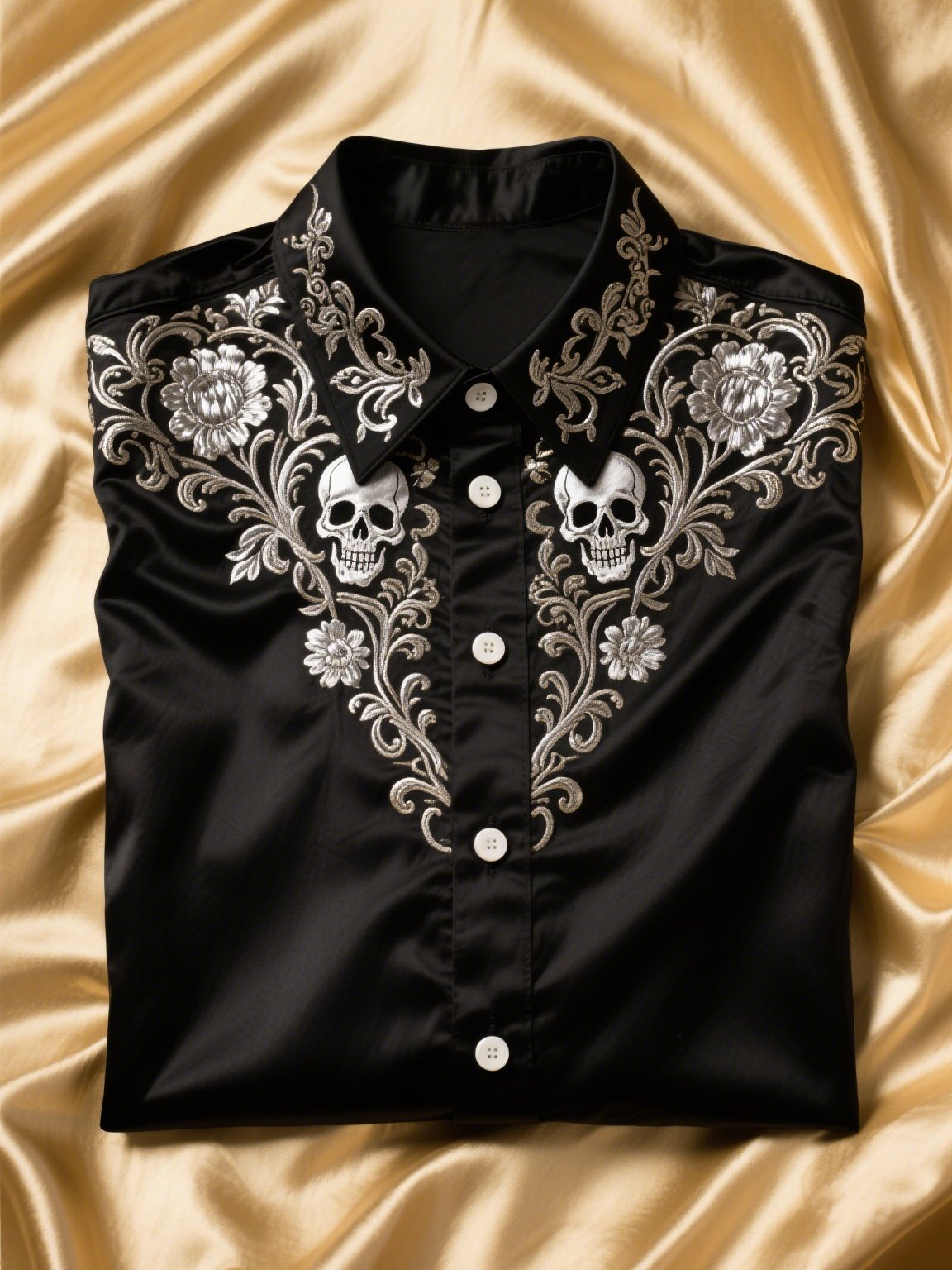Camisa satén de lujo ejecutivo Skull de manga corta Button para hombre