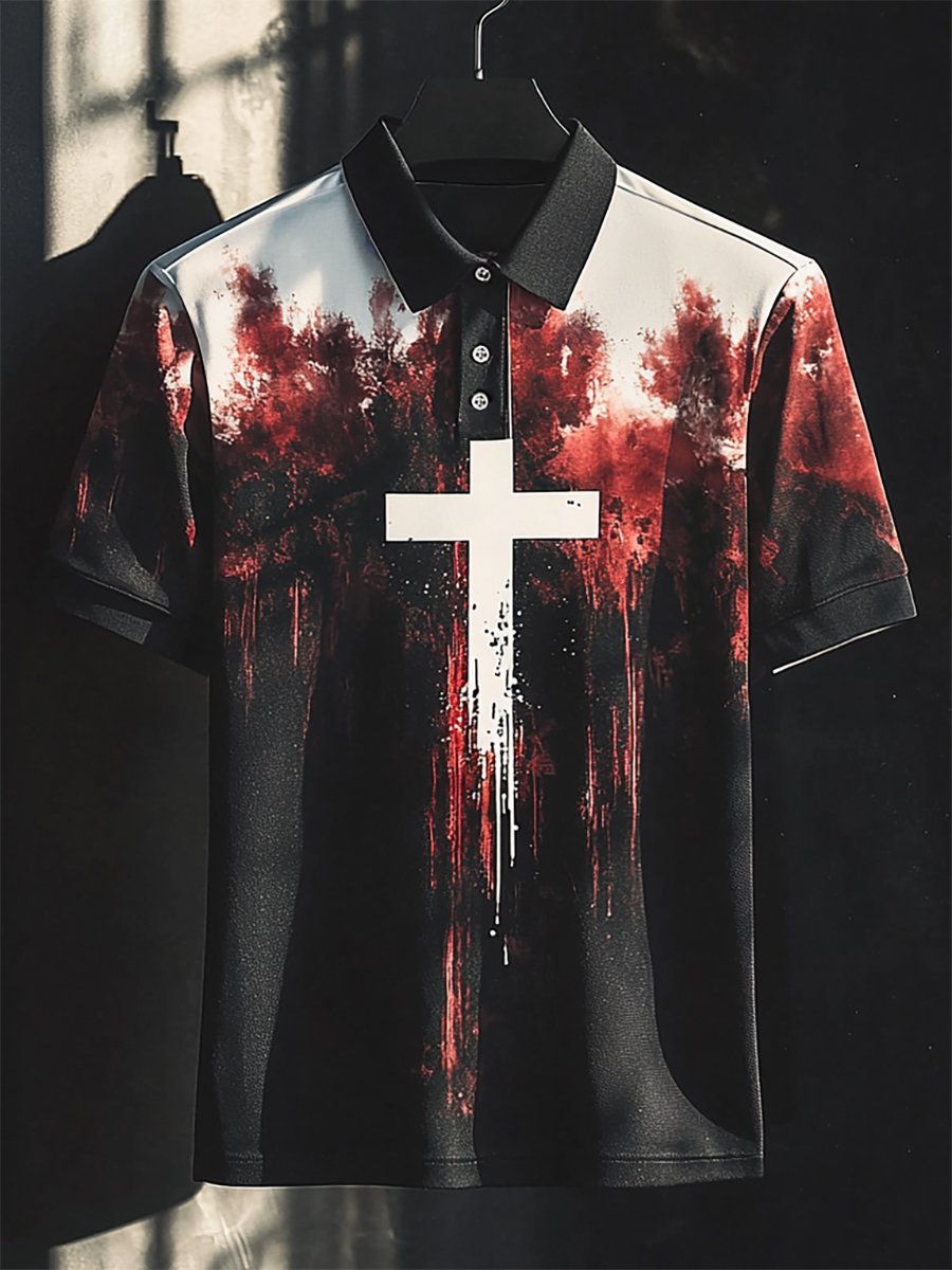 Camisa polo ejecutivo casual Cross estampado Button de manga corta para hombre