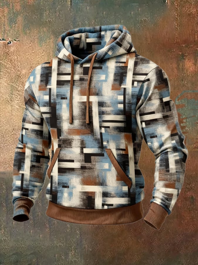 Sudadera retro desgastado en bloques de color estampado casual Fur cuello de manga larga para hombre