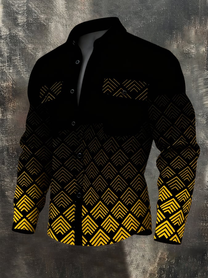 Camisa vintage Color-Block estampado de manga larga para hombre