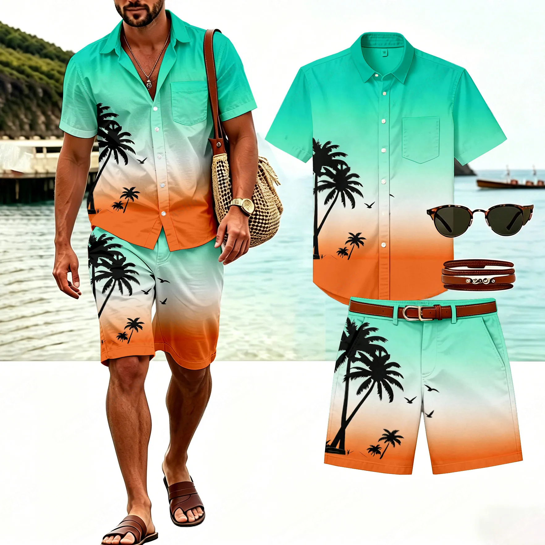 Conjunto de dos piezas casual Mixed-Color Coconut Trees de manga corta camisa And shorts (Excluding Bag, Belt, Sunglasses And Accessories) para hombre