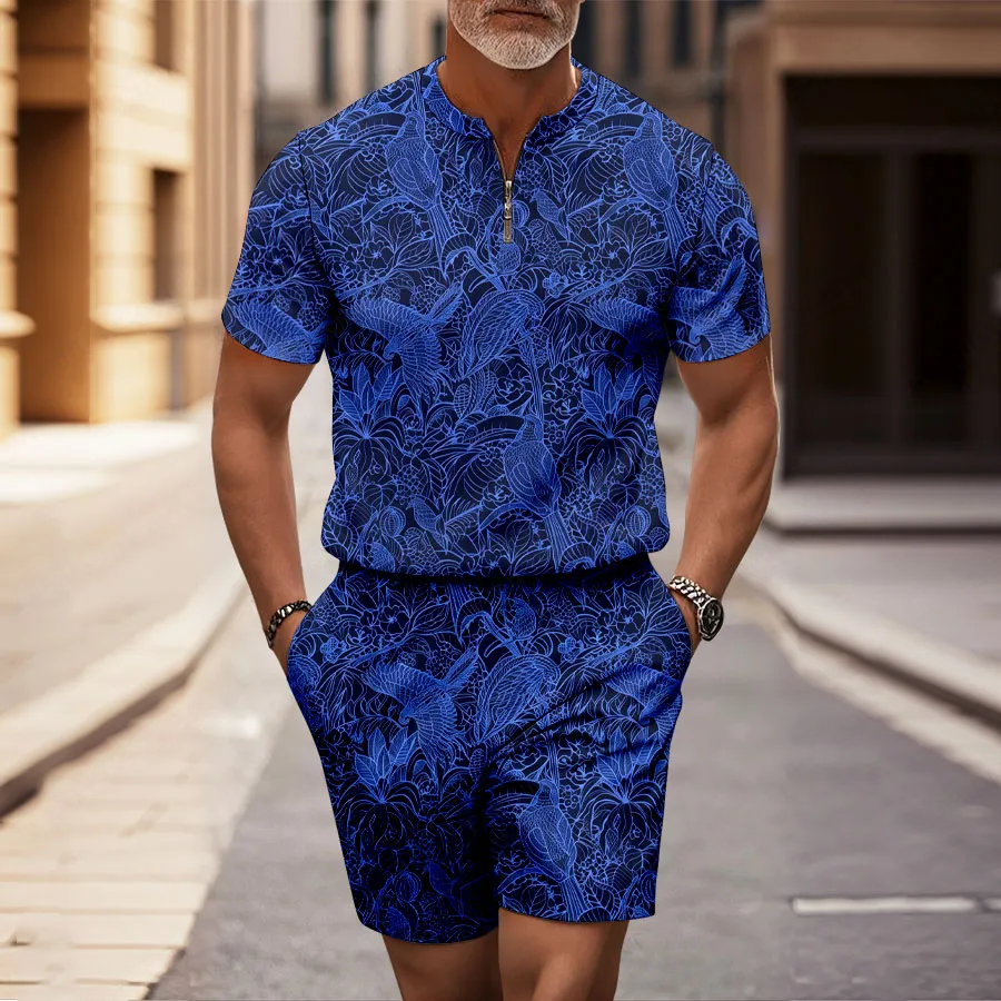 Conjunto de dos piezas casual Royal Blue Half-Zip de manga corta camisa And shorts para hombre