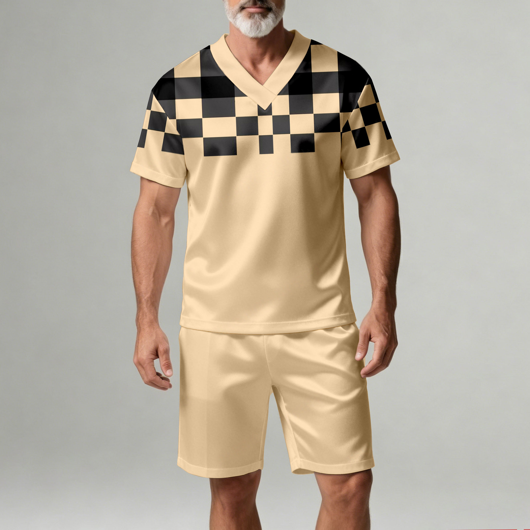 Conjunto de dos piezas casual Beige Geometric estampado V-Neck de manga corta camiseta And shorts para hombre