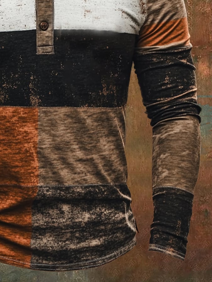 Retro en bloques de color de manga larga Henley para hombre