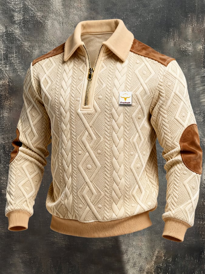Sudadera retro jacquard texturizado Patchpara trabajo Comfortable Color-Blocked con cierre para hombre