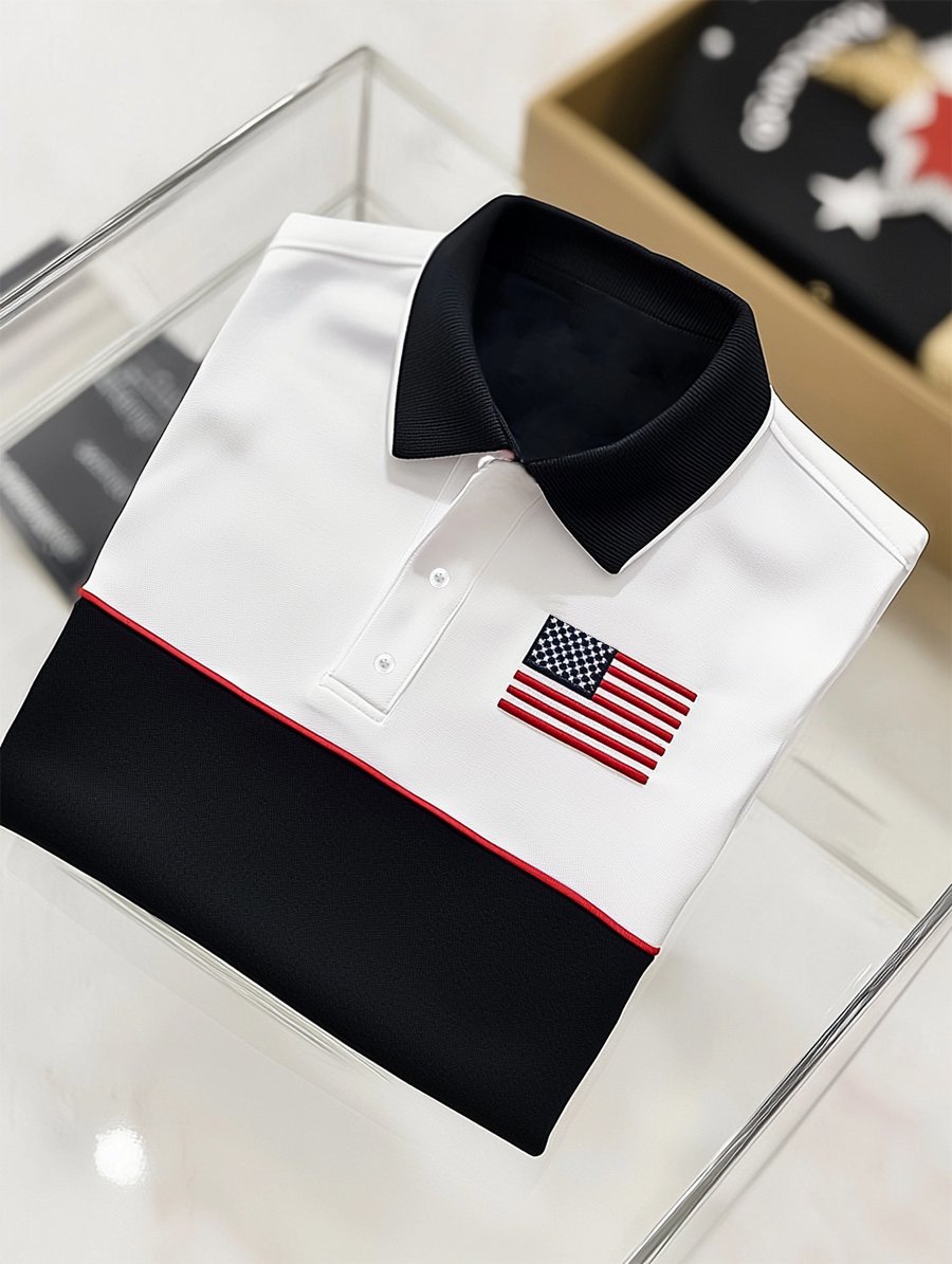 Camisa polo ejecutivo casual Independence Day a rayas Button de manga corta para hombre