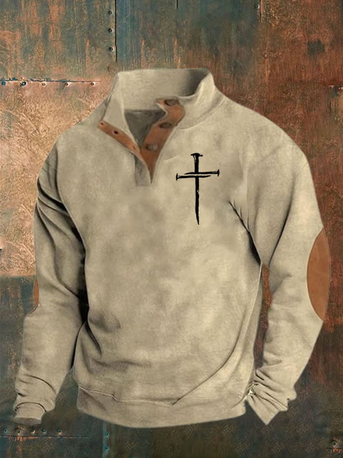 Sudadera Faith Cross estampado Stand cuello Button para hombre