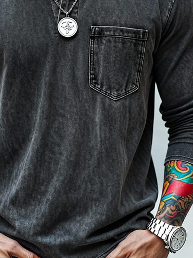 Camiseta vintage Washed and desgastado Henley para hombre
