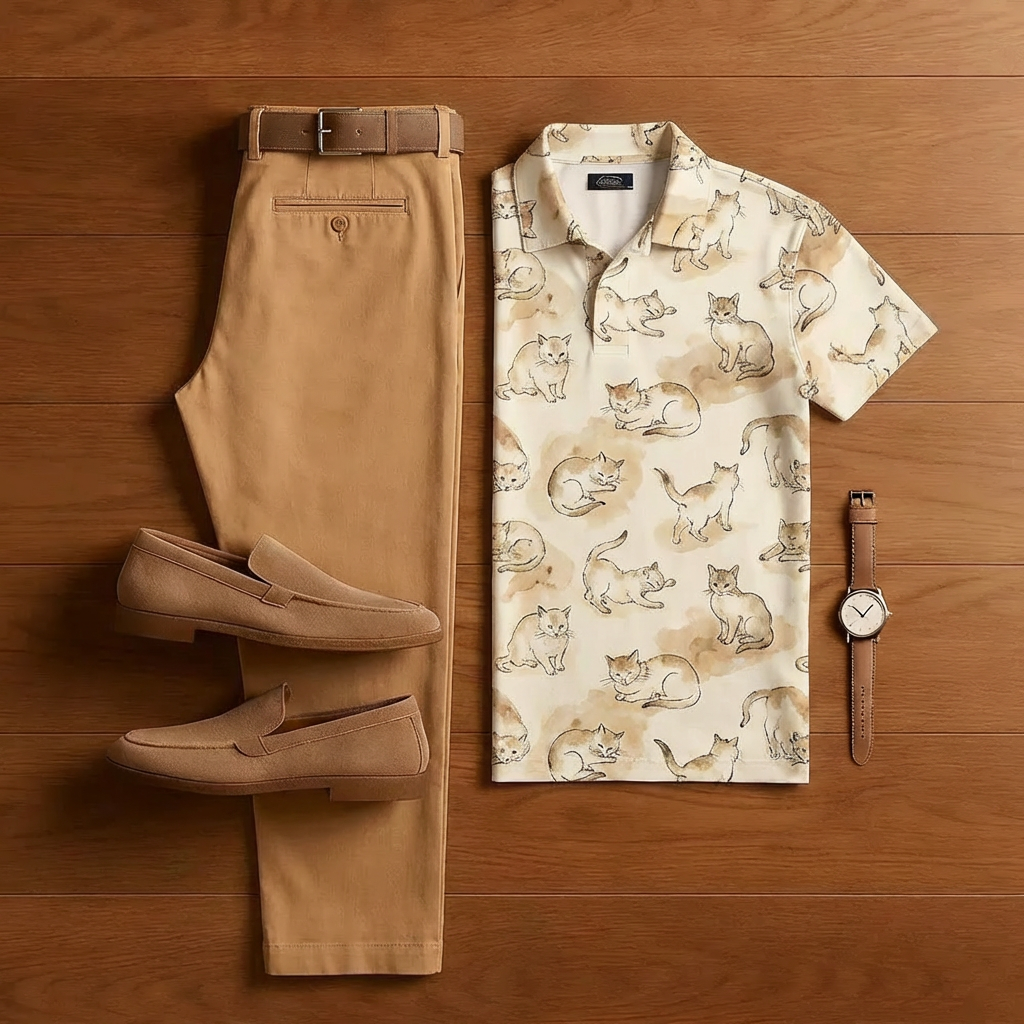 Conjunto de dos piezas de moda Apricot Kitten estampado de manga corta camisa And Trousers para hombre