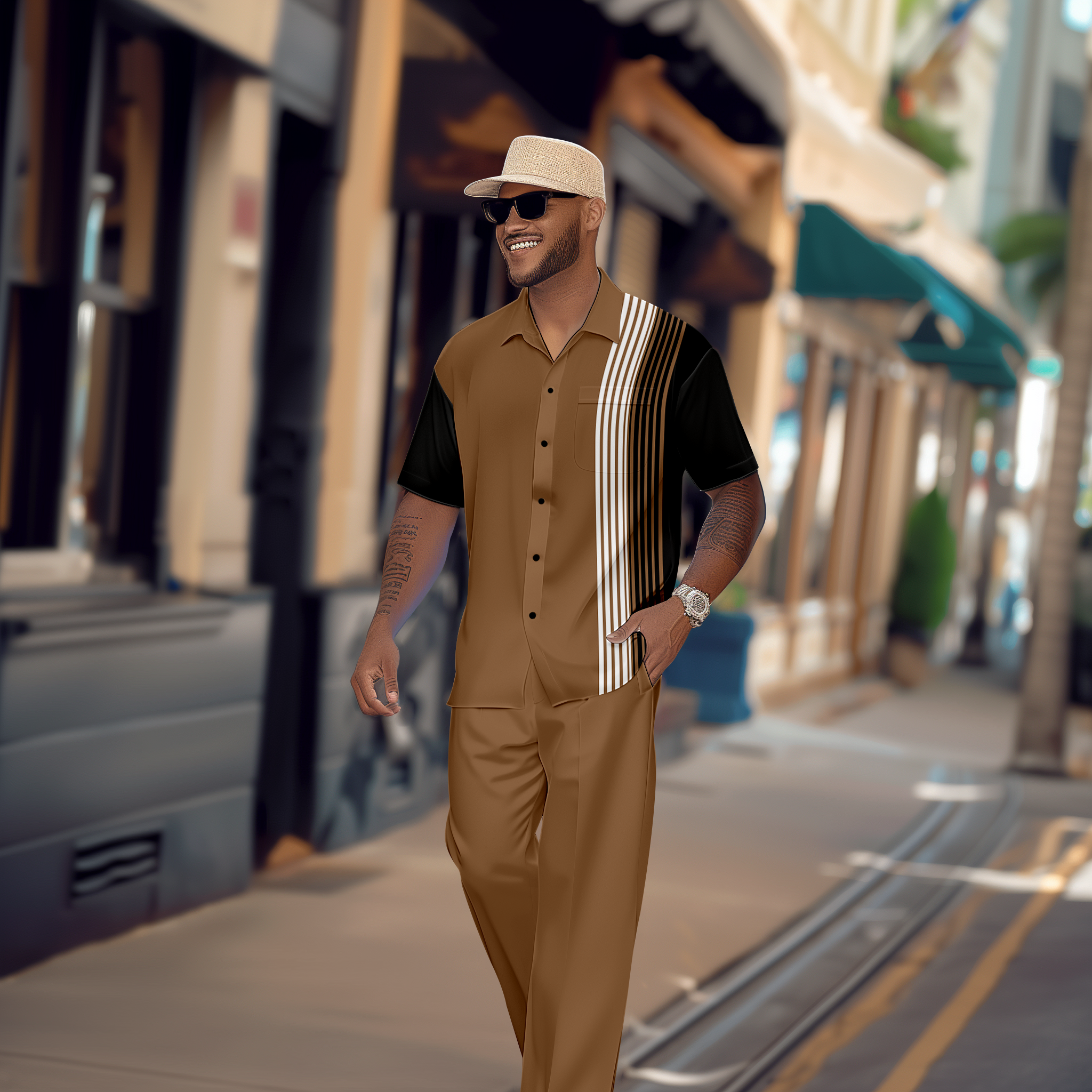 Camisa retro Colorblock de manga corta Walking Suit 1453 para hombre