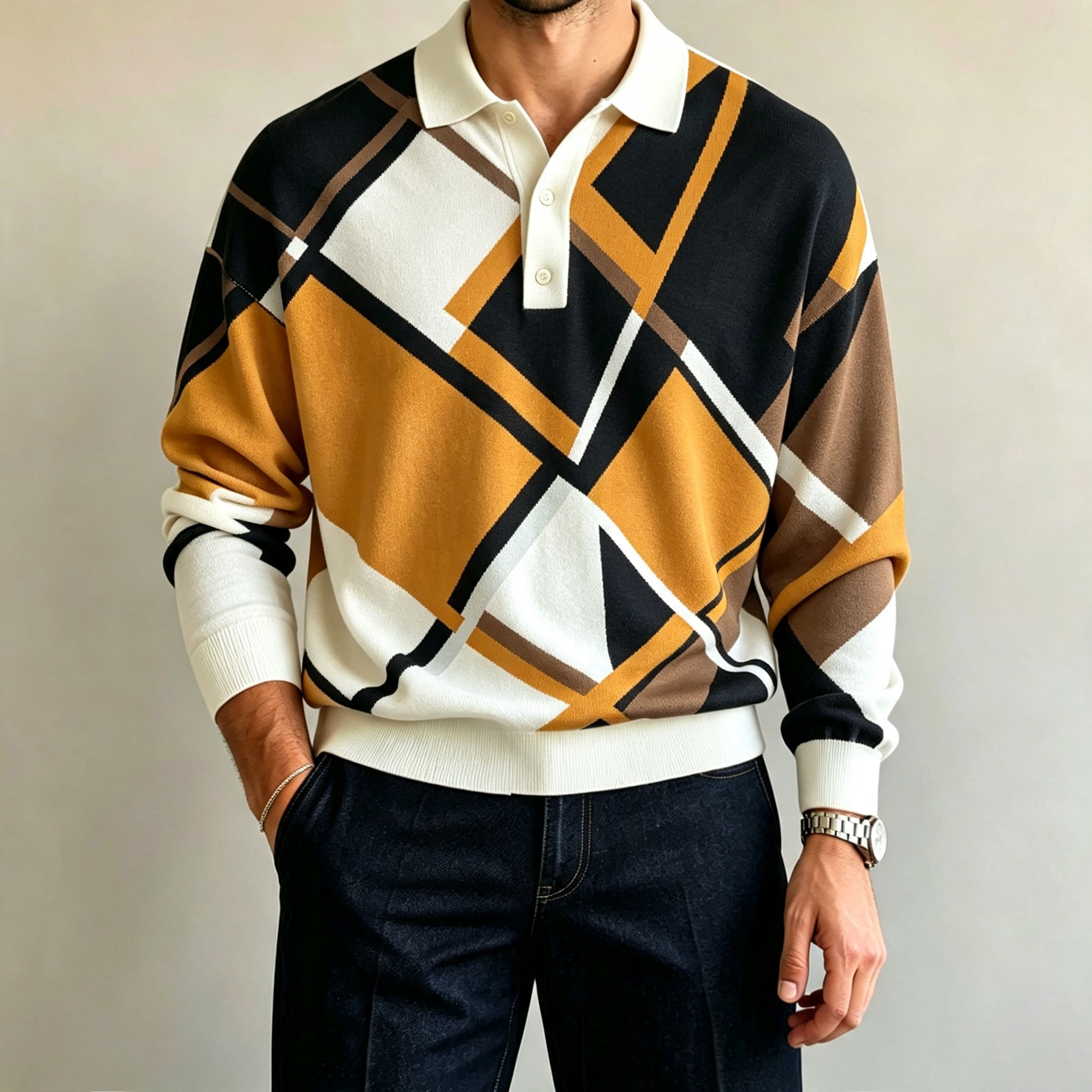para hombre Two-Tone de manga larga camisa polo