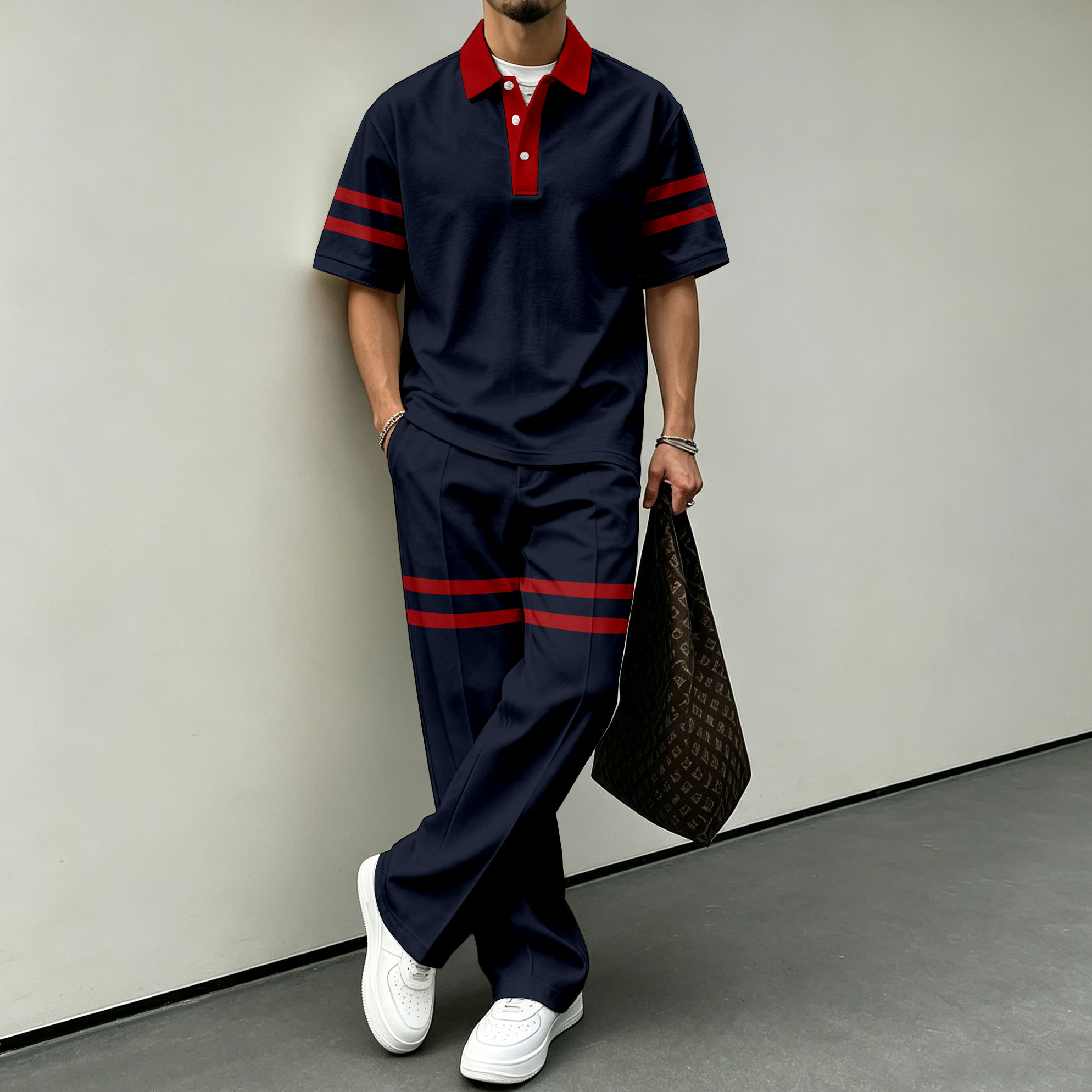 para hombre Red and Black Color-Blocked de manga corta camisa polo and pantalón Set