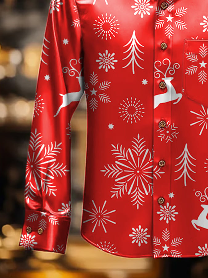 De lujo Christmas Contrast estampado de manga larga Pockecamiseta para hombre