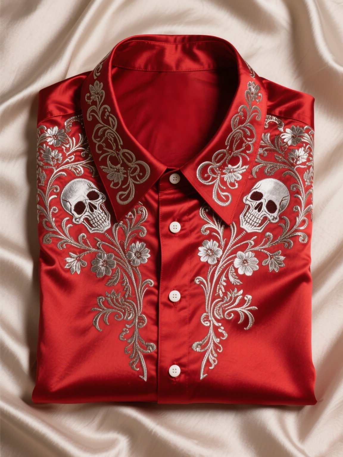 Camisa satén de lujo ejecutivo Skull de manga corta Button para hombre