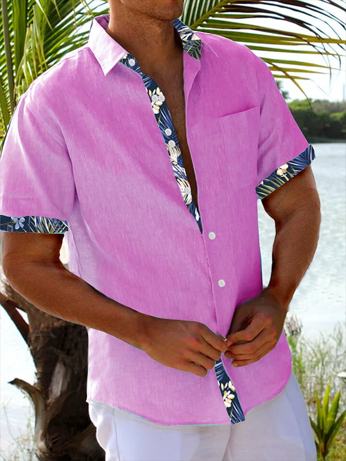 Camisa Resort Style Contrast estampado casual de manga corta para hombre