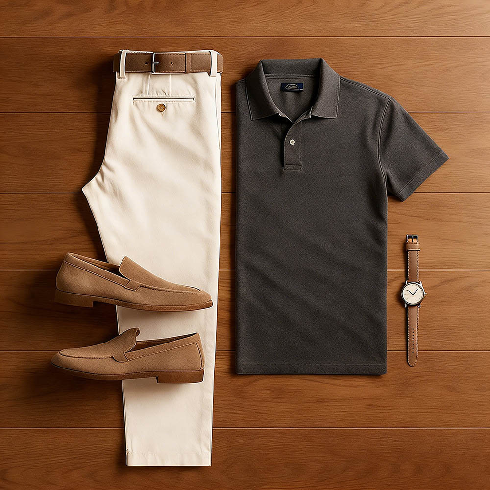 Conjunto de dos piezas casual Dark Gray & Khaki Color Matching de manga corta camisa polo & Trousers para hombre