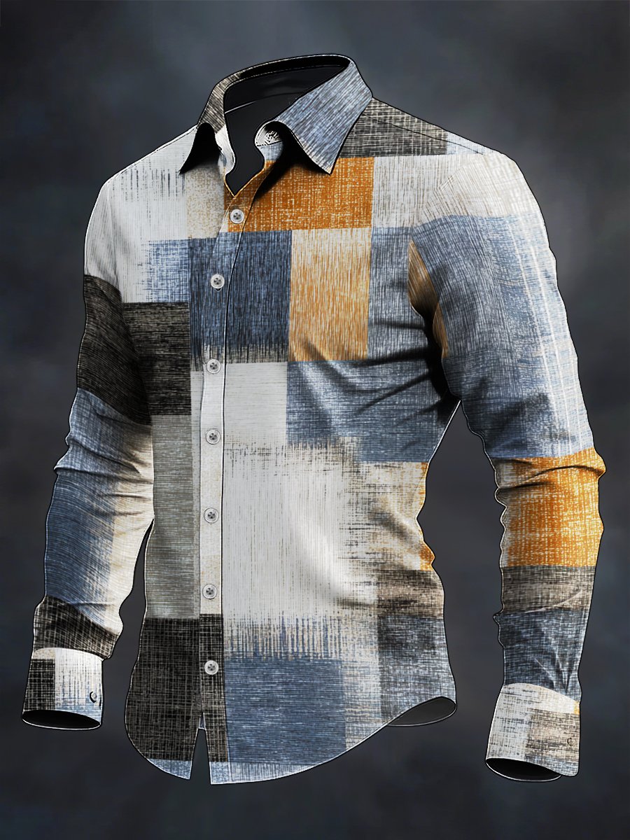 Camisa retro casual geométrico Art de manga larga para hombre