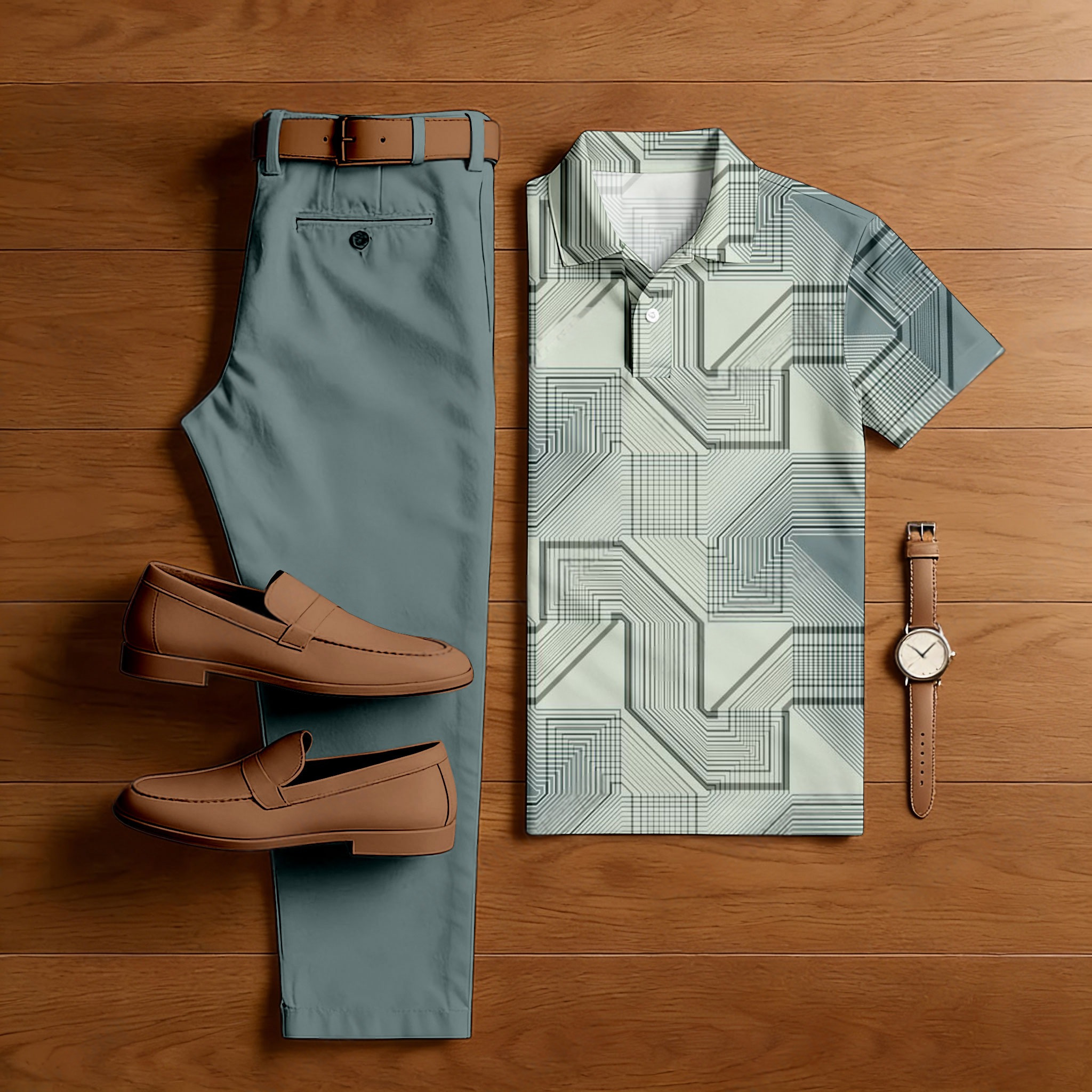 Conjunto de dos piezas casual Light Green Gradient Gray Yellow Color Matching Checkered estampado de manga corta camisa polo & Trousers para hombre