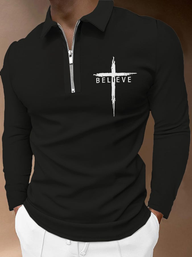 Camisa polo Believe Cross estampado de manga larga para hombre