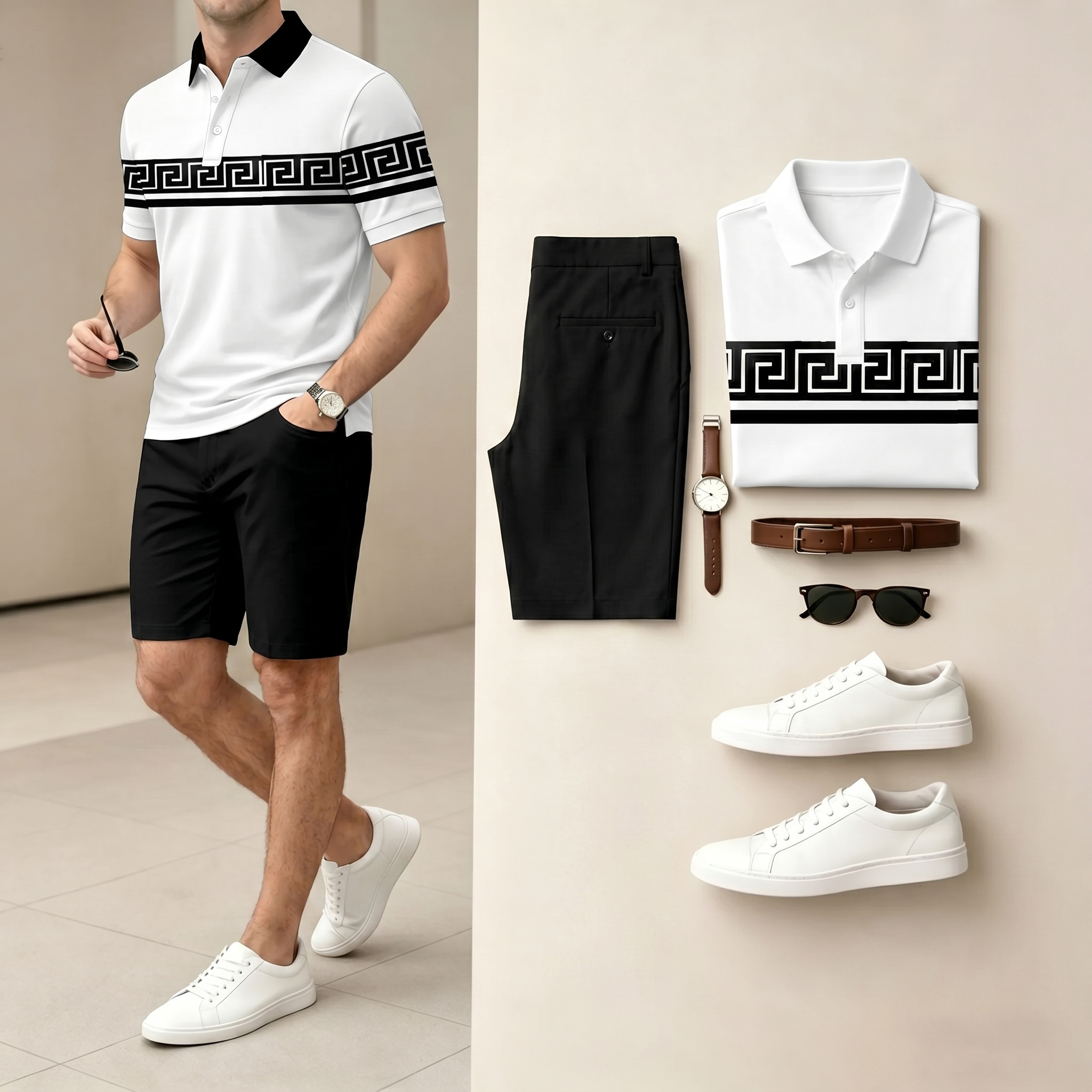 Conjunto de dos piezas casual Black and White Color rayas camisa polo & shorts para hombre