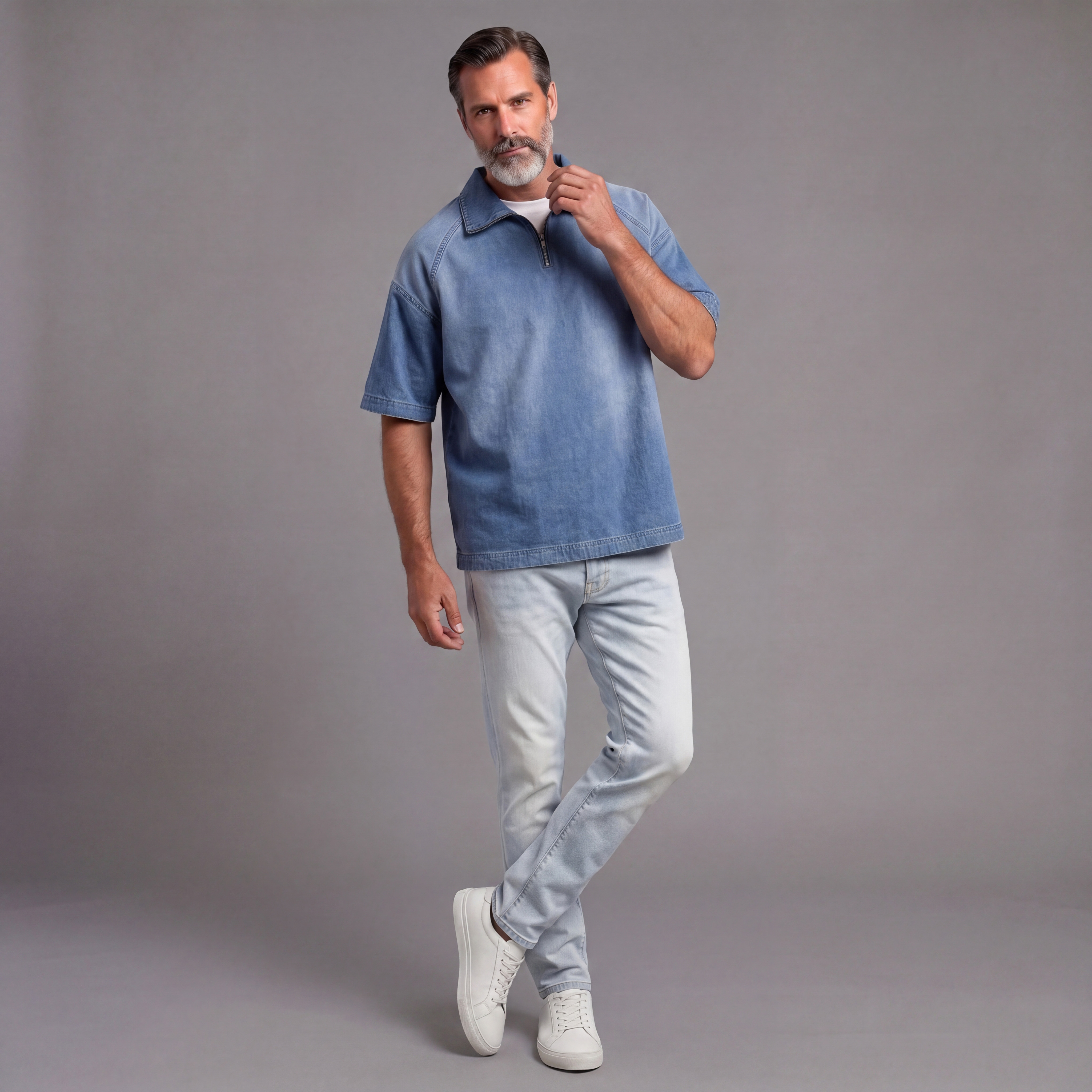 Camisa desgastado Denim de manga corta With Zipper Collar para hombre