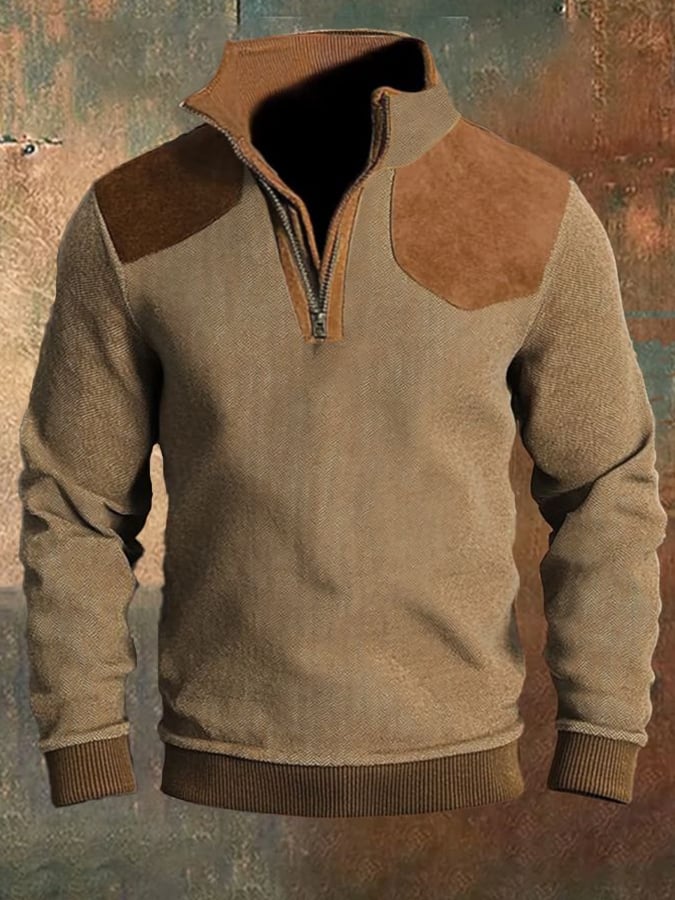 Sudadera casual retro Contrast Color Stand cuello de manga larga para hombre