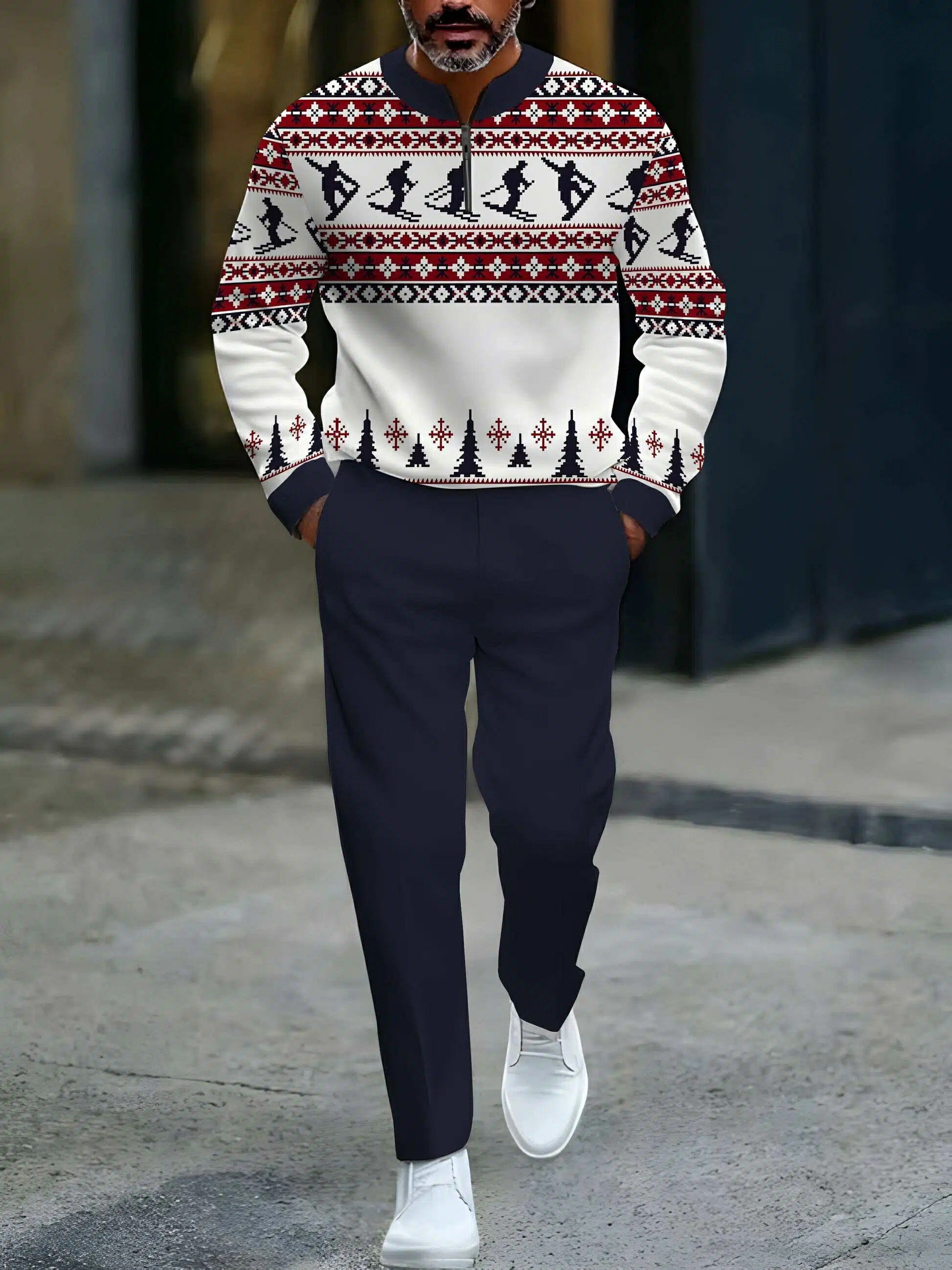 Conjunto de dos piezas casual White & Navy Color Matching Christmas estampado Round-Neck Zipper de manga larga sudadera & Trousers para hombre