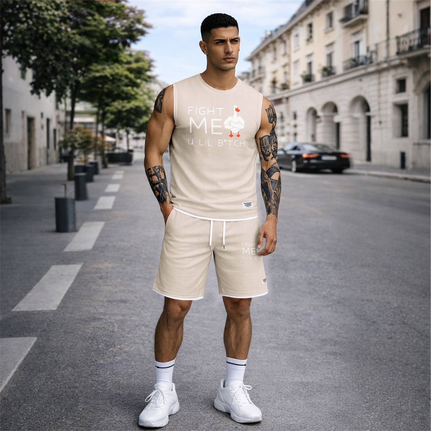 Shorts 2 Piece Graphic Set, Sleeveless Tank Top and casual shorts Outfit, Regular Fit Summer Clothing Set for Men, Streetwear Matching Set for Vacation Gym para uso diario Wear and para exterior Looks para hombre