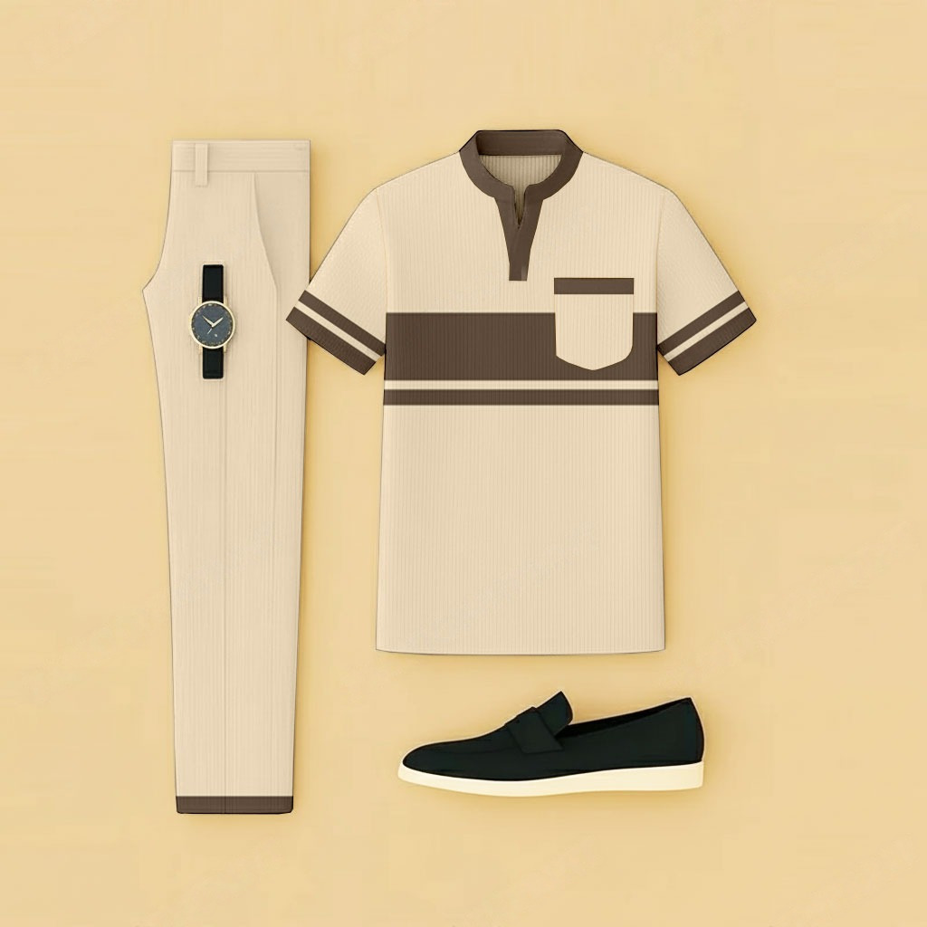 Conjunto de dos piezas casual Apricot Geometry estampado de manga corta camiseta And pantalón para hombre
