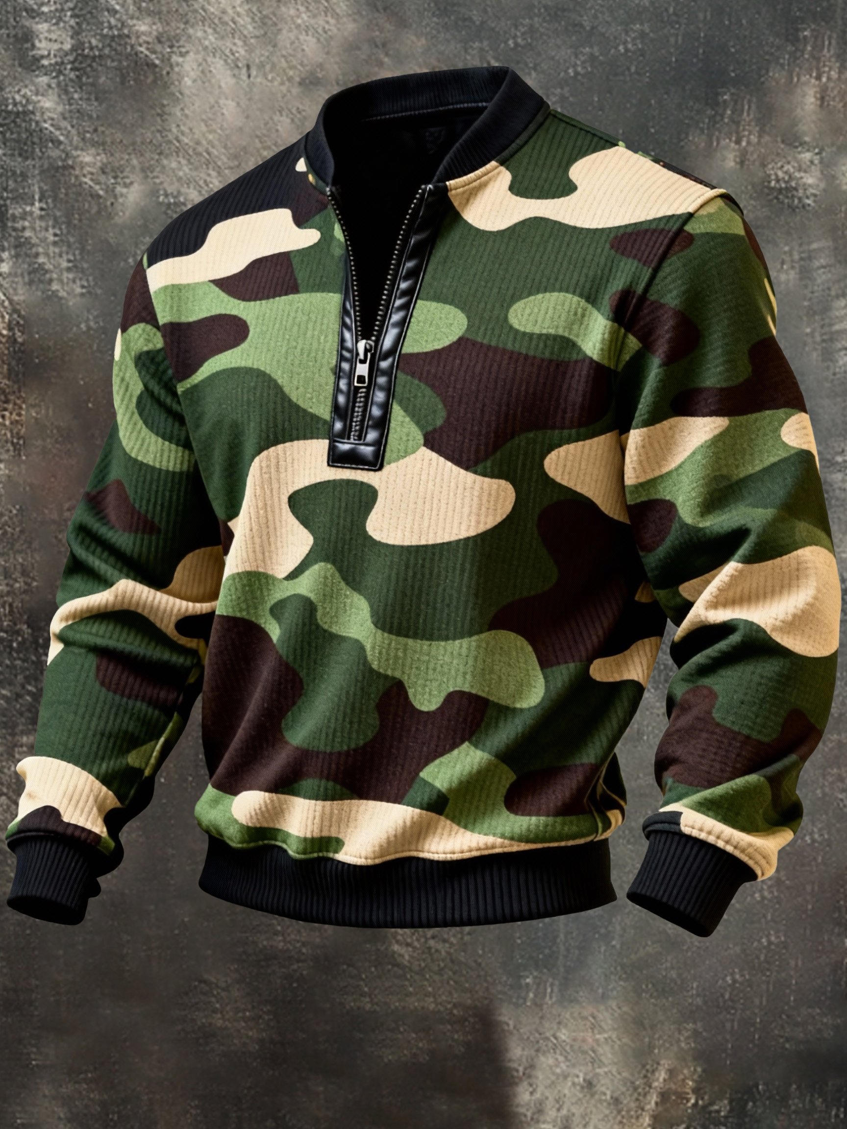 Sudadera casual retro Contrast Color Half Zip Stand cuello de manga larga para hombre