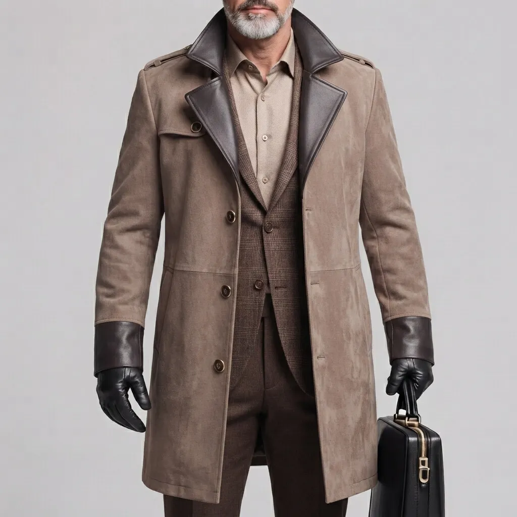 para hombre clásico Khaki Contrast Lapel Collar PU Leather Trim Suede Trench Coat
