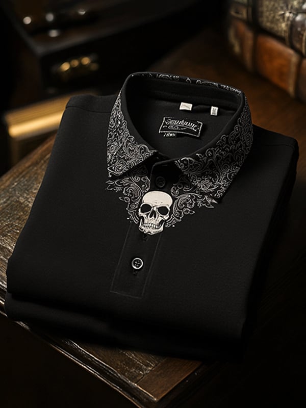 Camisa polo clásico ejecutivo Paisley Skull Logo de manga corta para hombre