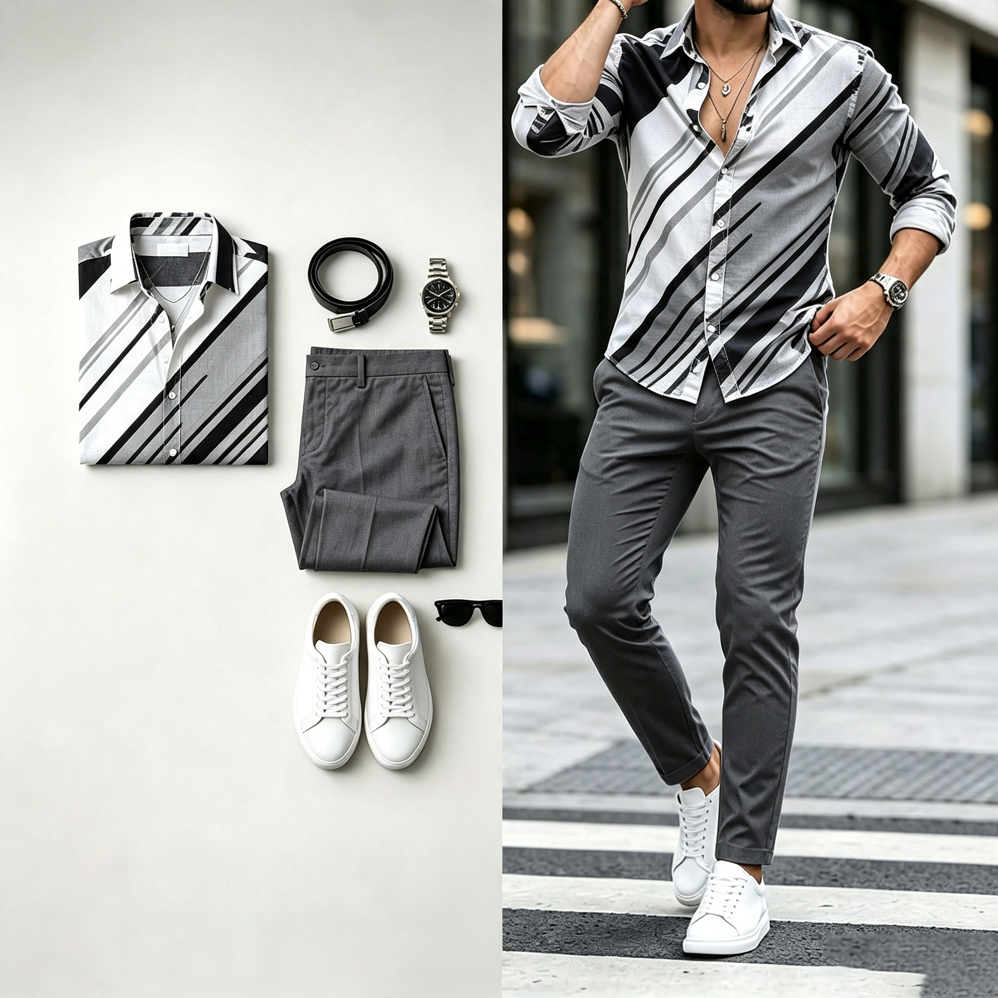 para hombre Diagonal-a rayas Print de manga larga camisa and pantalón Set
