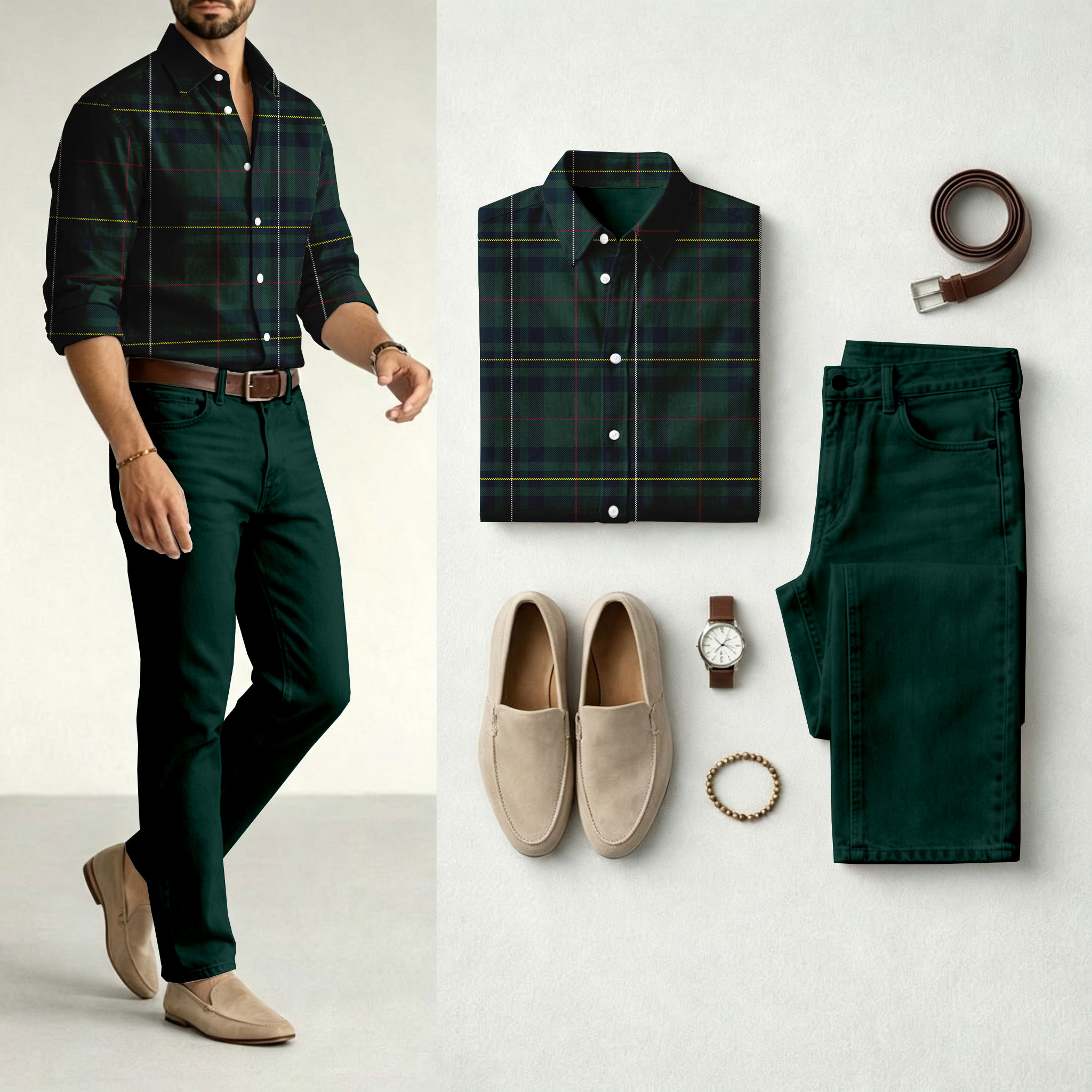 para hombre Checkered de manga larga camisa and Jeans Set