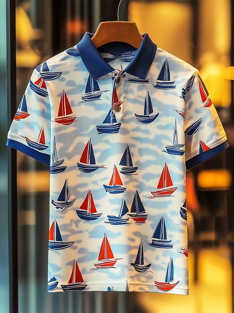 Camisa polo casual ejecutivo Sailing estampado Button de manga corta para hombre