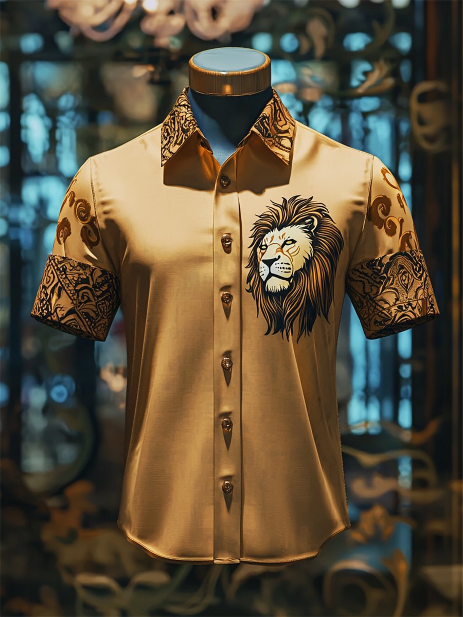 Camisa satén Luxe Lion estampado de manga corta para hombre