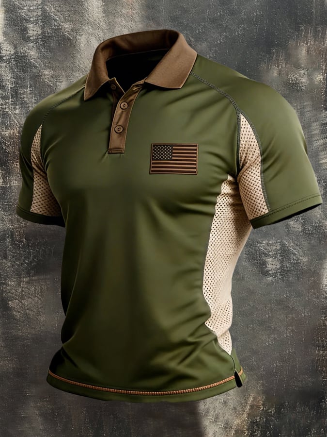 Camiseta retro Spliced ​​transpirable Mesh "Patriot" Polo-Collar casual para hombre