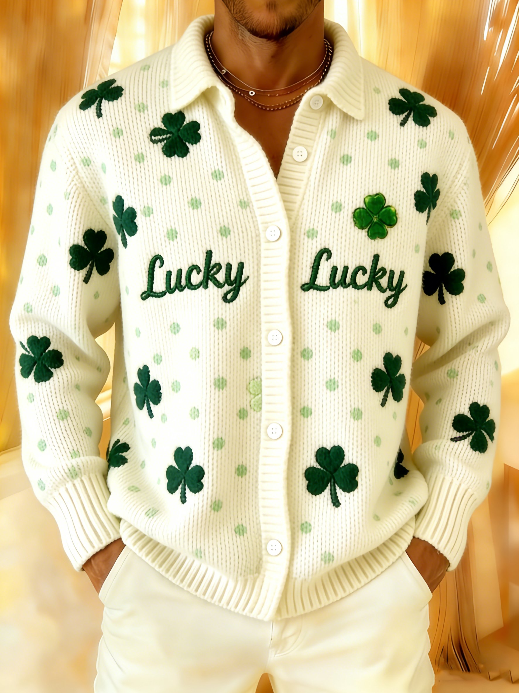 Cárdigan St. Patrick’s Day a cuadros Leprechaun Shamrock suave Cozy tejido camisa para hombre
