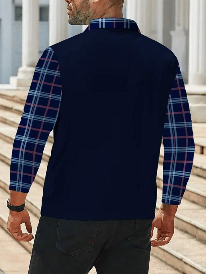 Camisa polo a cuadros ejecutivo casual de manga larga para hombre