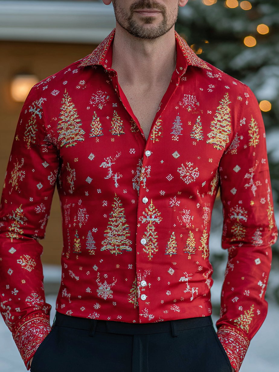 Camisa ejecutivo Christmas estampado de manga larga para hombre