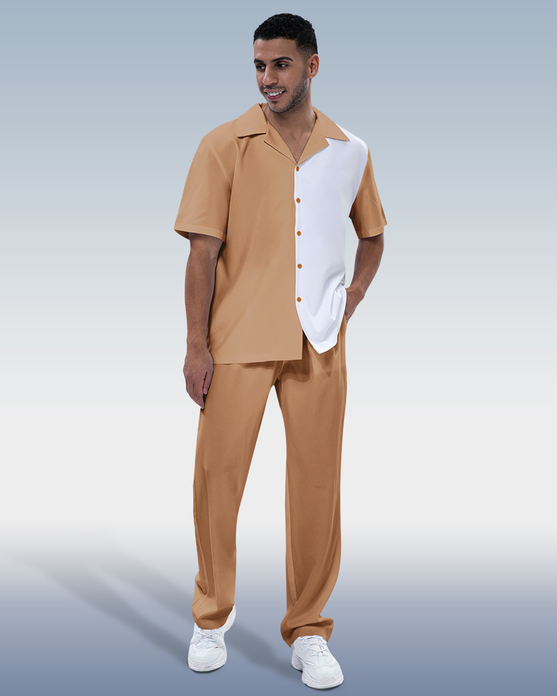 Rianmond Khaki en bloques de color de manga corta Walking Suit para hombre